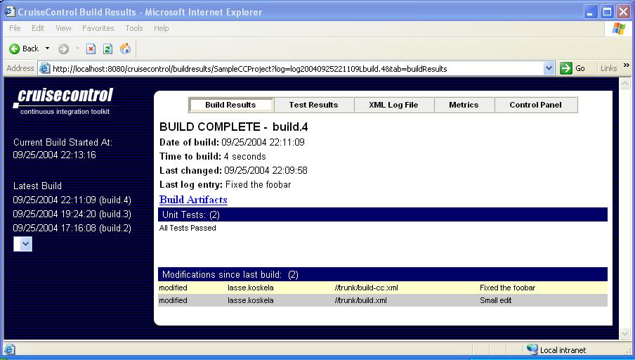 The project build results page